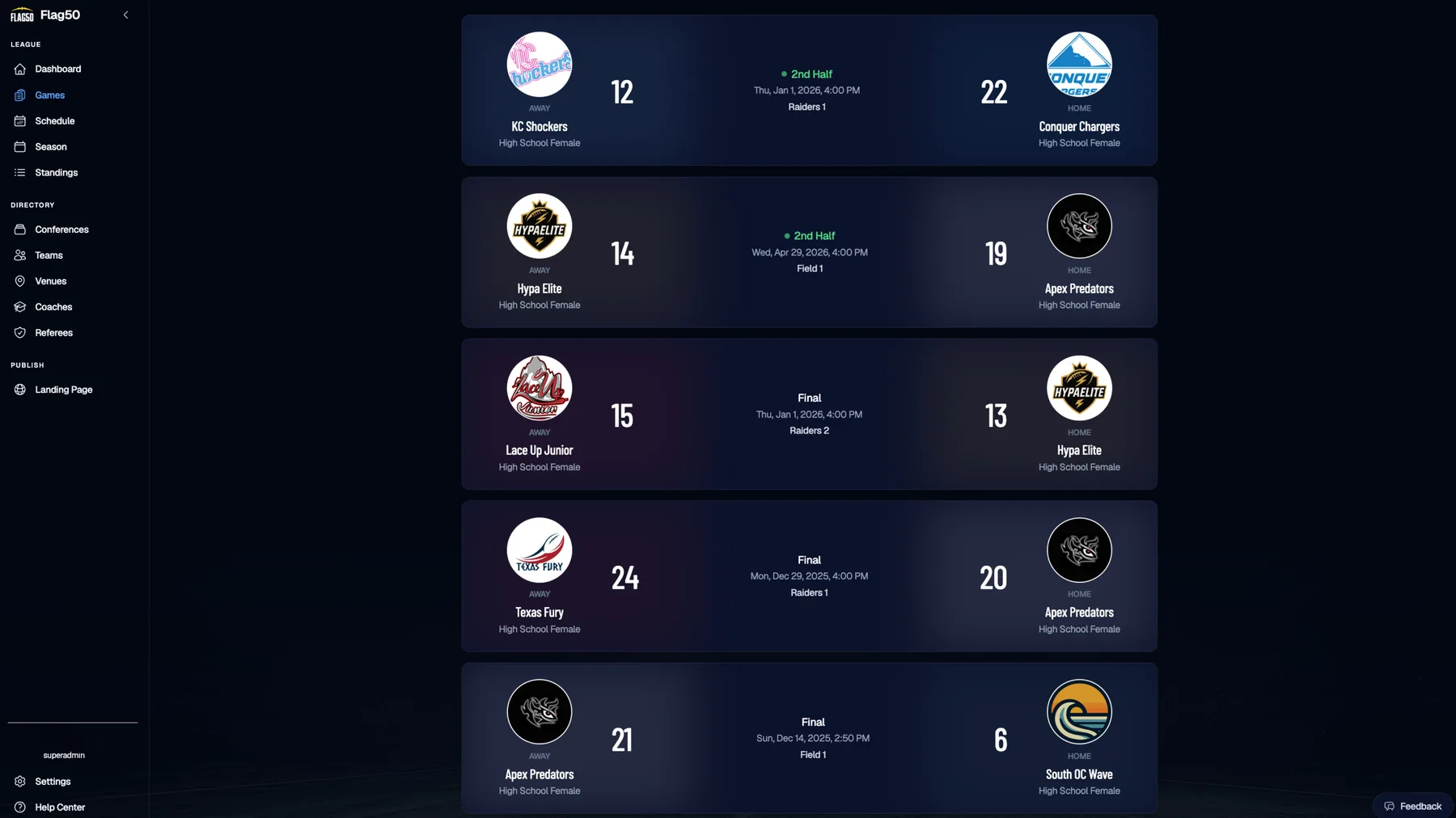 The Flag50 admin Games view with live second-half scores and finals for real teams