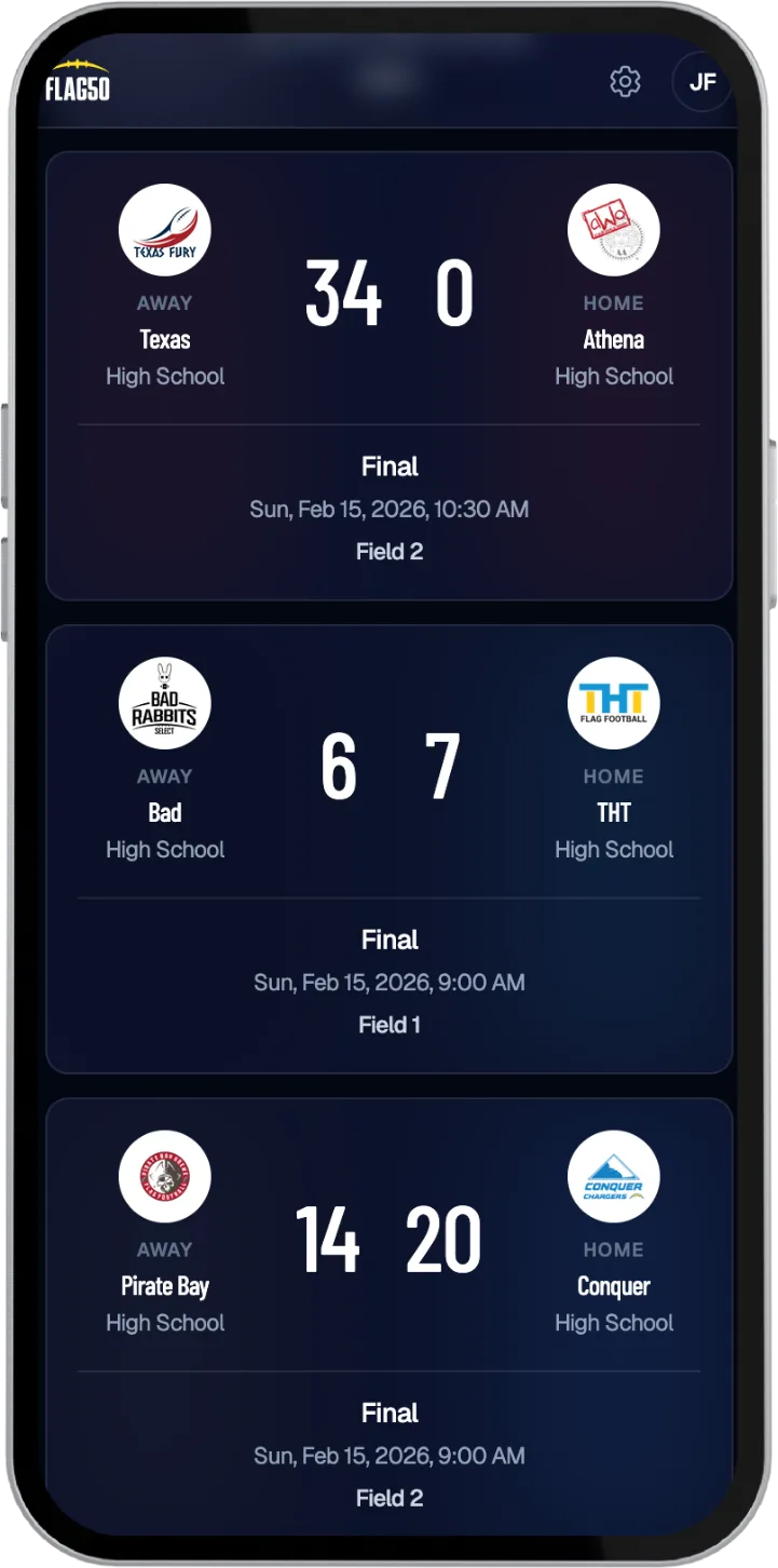 The Flag50 fan app schedule showing three final scores with team logos, kickoff times, and field assignments