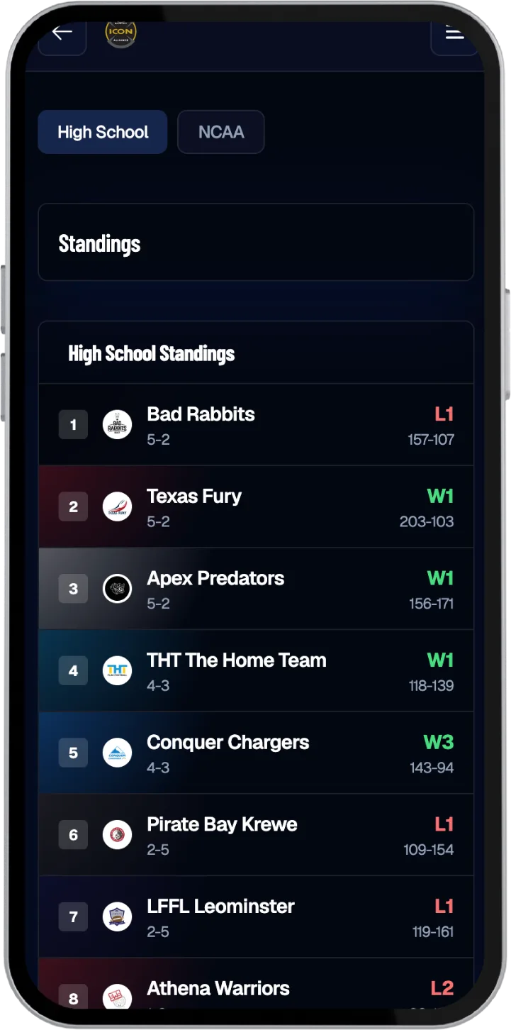 The Flag50 fan app standings table with team records, points for and against, and win streaks, split by High School and NCAA divisions