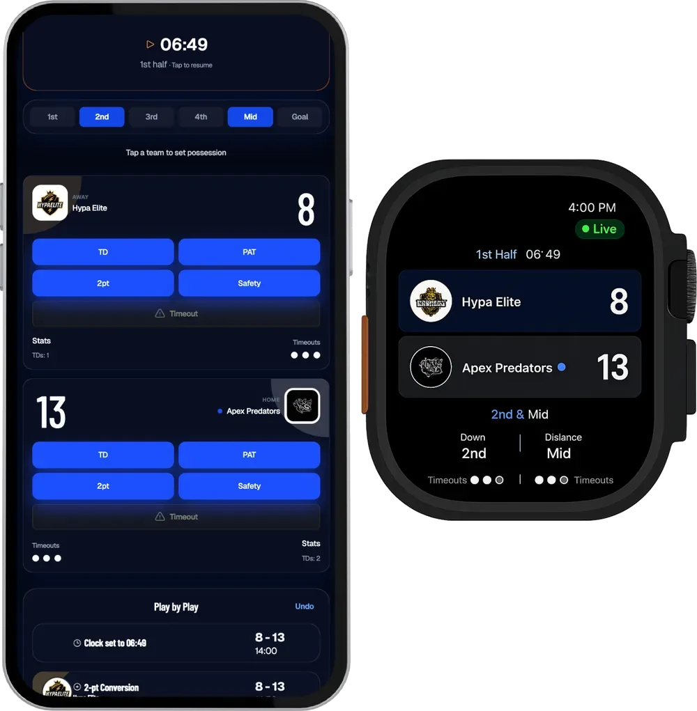 The Flag50 referee scoring app on a phone next to an Apple Watch showing the same live game, Hypa Elite 8, Apex Predators 13, 6:49 left in the first half