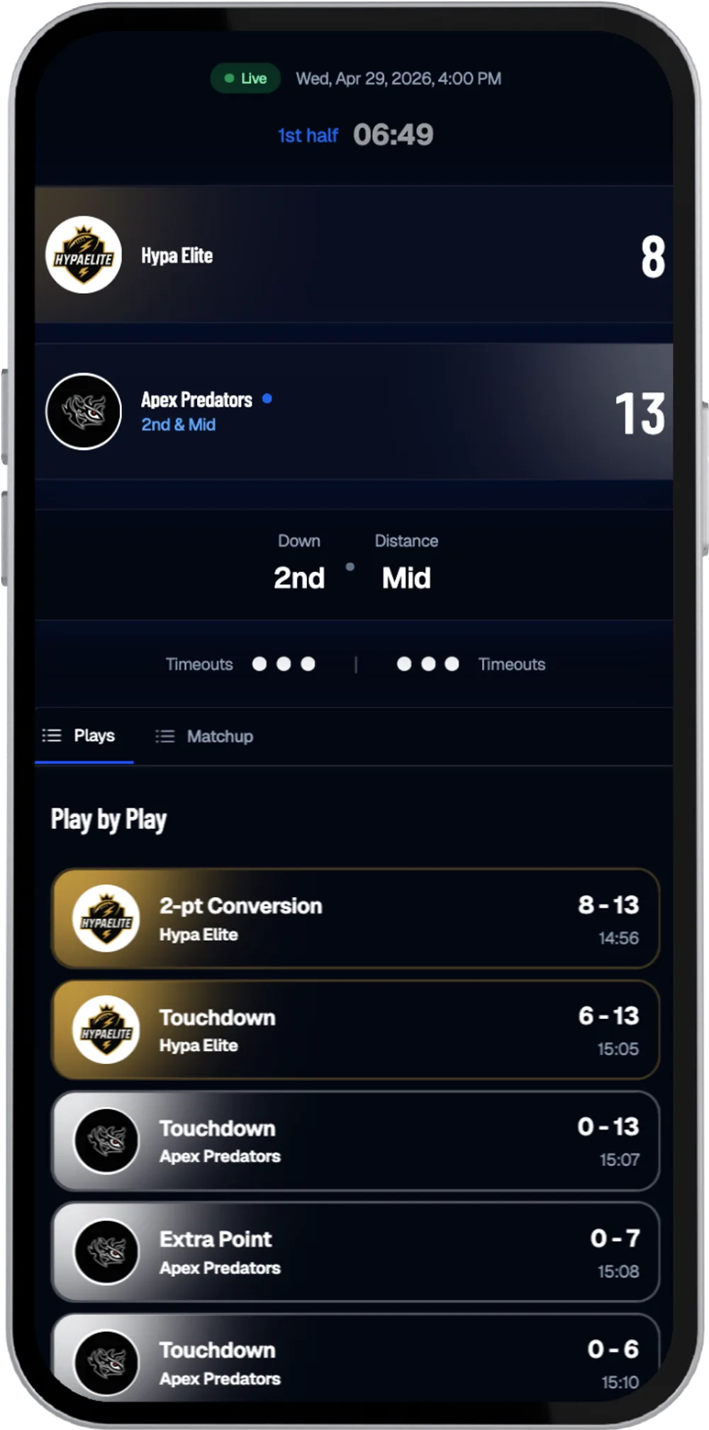 The Flag50 fan app showing a live game with score, down and distance, timeouts, and a play by play feed of touchdowns and conversions