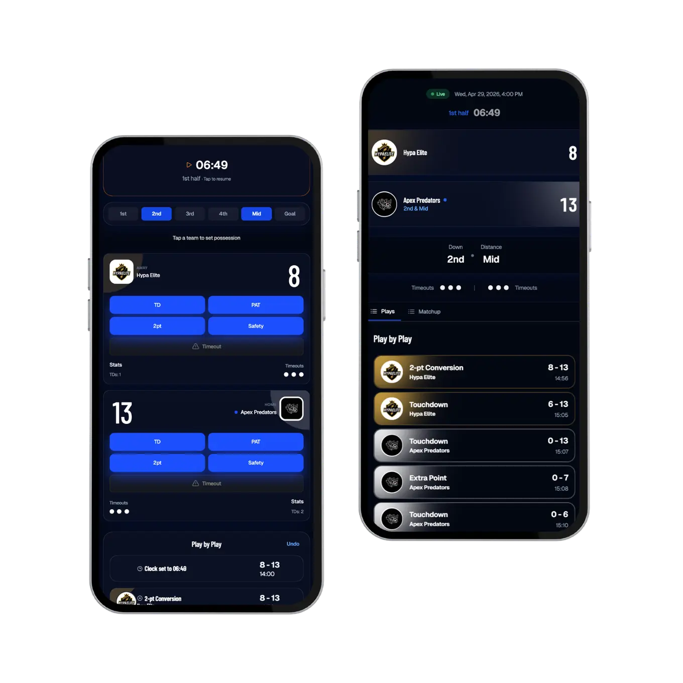 Flag50 referee scoring app and fan live score view on two phones