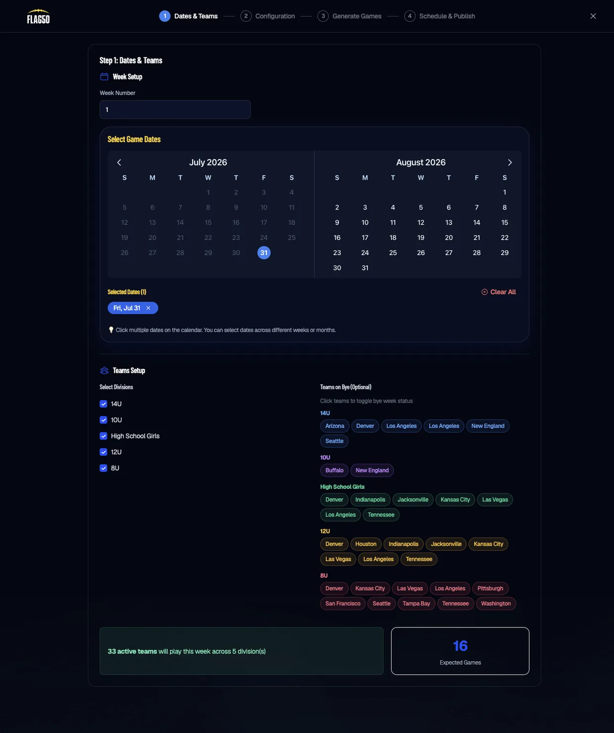 The Flag50 schedule wizard on step one, with a calendar of game dates, division checkboxes, teams on bye, and a count of 33 active teams and 16 expected games