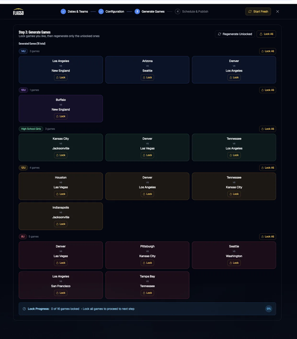 The Flag50 schedule wizard generating 16 games grouped by division, each with a lock control and a lock-progress bar